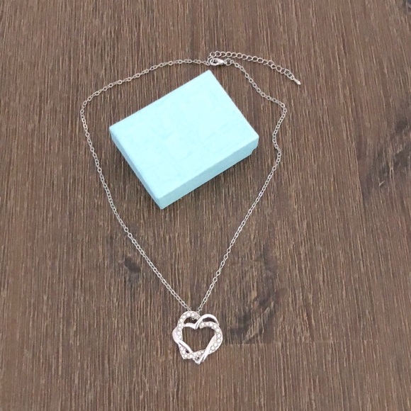 Rhinestone Double Heart Charm Sterling Silver Necklace - Picture 6 of 6